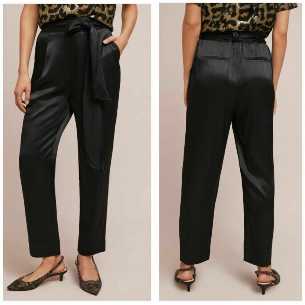 Anthropologie Black Satin Tie-Waist Belt Pants